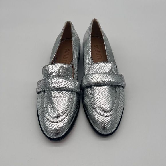 Schutz Romina Snake Reptile Embossed Leather Loafers Silver - Picture 2 of 9